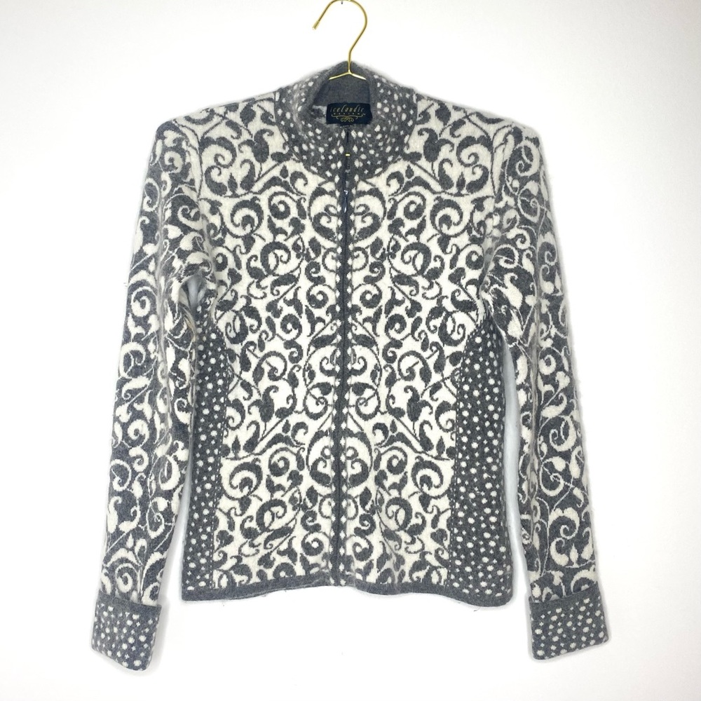 Icelandic Designs Angora Blend Fair-isle Floral Zip Front Cardigan Sweater Small